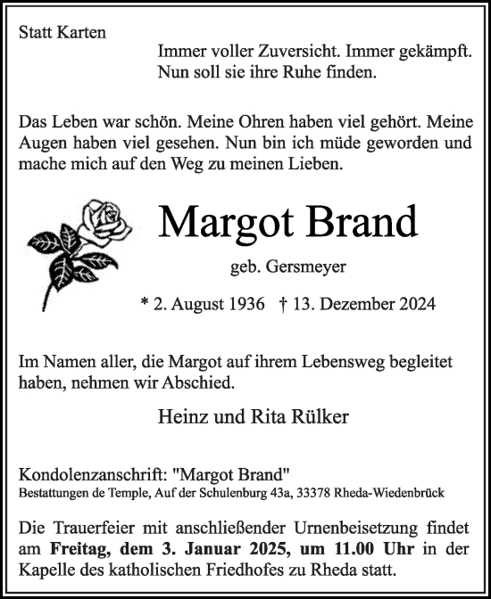 Traueranzeige von Margot Brand von Die Glocke