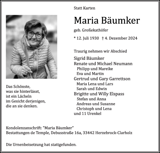 Traueranzeige von Maria Bäumker von Die Glocke