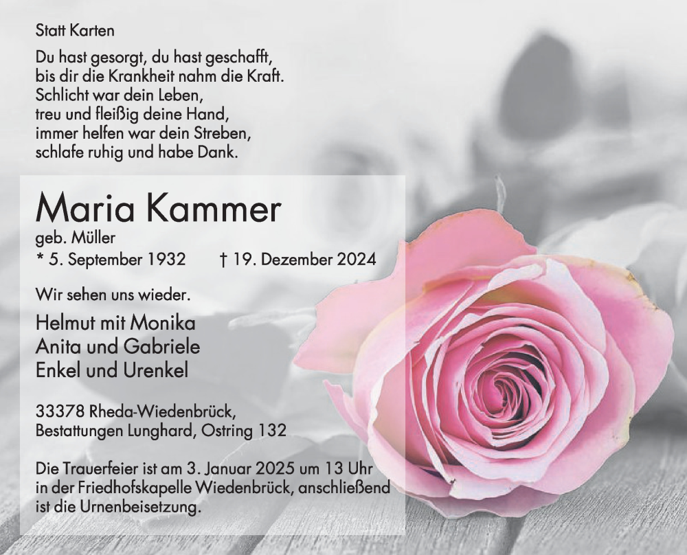  Traueranzeige für Maria Kammer vom 28.12.2024 aus Die Glocke