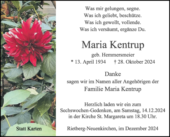 Traueranzeige von Maria Kentrup von Die Glocke