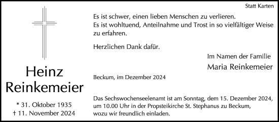 Traueranzeige von Maria Reinkemeier von Die Glocke