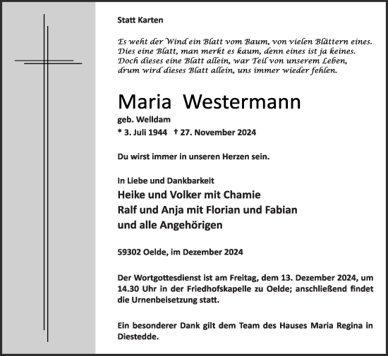 Traueranzeige von Maria Westermann von Die Glocke