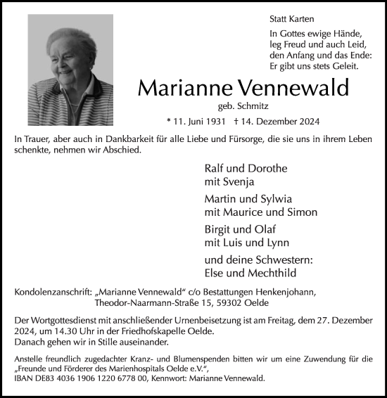 Traueranzeige von Marianne Vennewald von Die Glocke