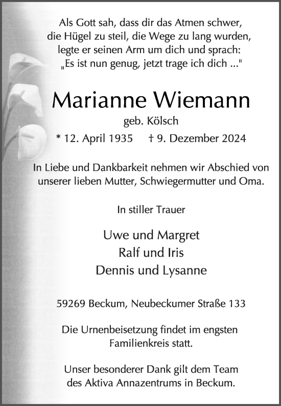 Traueranzeige von Marianne Wiemann von Die Glocke