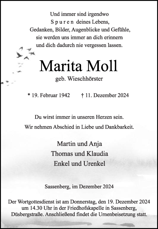 Traueranzeige von Marita Moll von Die Glocke