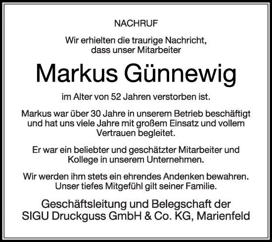 Traueranzeige von Markus Günnewig von Die Glocke