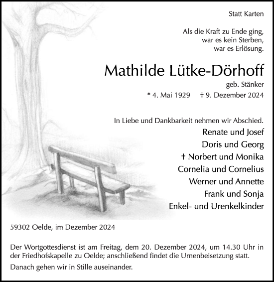 Traueranzeige von Mathilde Lütke-Dörhoff von Die Glocke