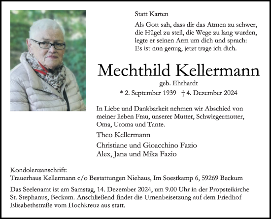 Traueranzeige von Mechthild Kellermann von Die Glocke