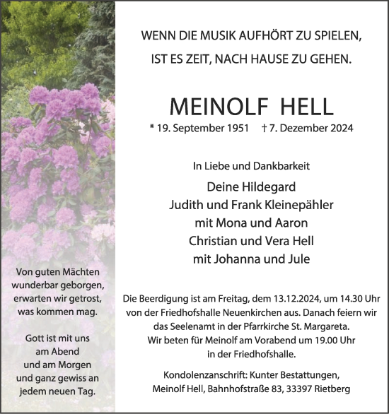 Traueranzeige von Meinolf Hell von Die Glocke