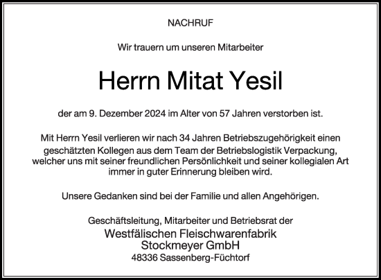 Traueranzeige von Mitat Yesil von Die Glocke