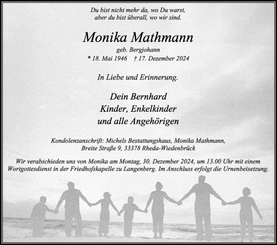 Traueranzeige von Monika Mathmann von Die Glocke