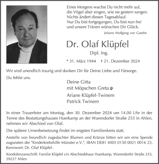 Traueranzeige von Olaf Klüpfel von Die Glocke