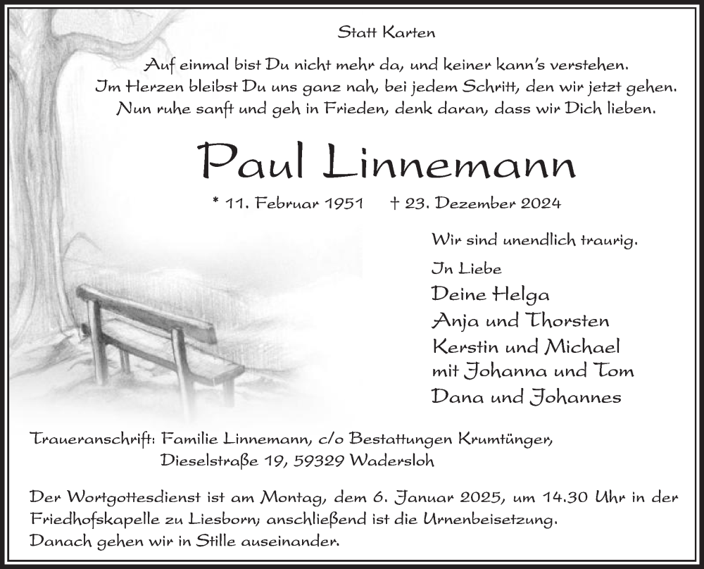  Traueranzeige für Paul Linnemann vom 31.12.2024 aus Die Glocke