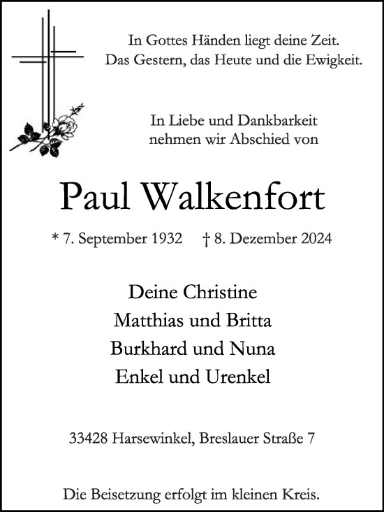 Traueranzeige von Paul Walkenfort von Die Glocke