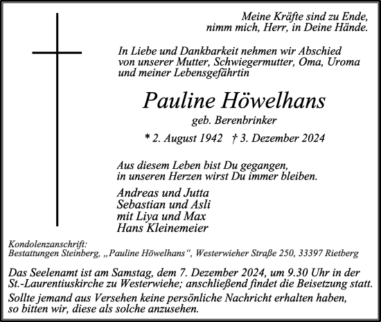 Traueranzeige von Pauline Höwelhans von Die Glocke