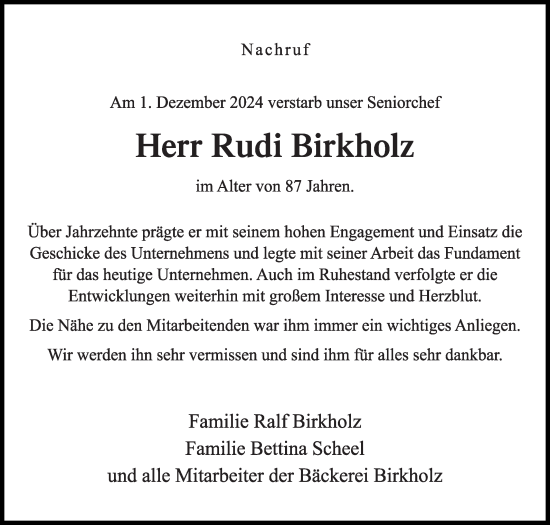 Traueranzeige von Rudi Birkholz von Die Glocke