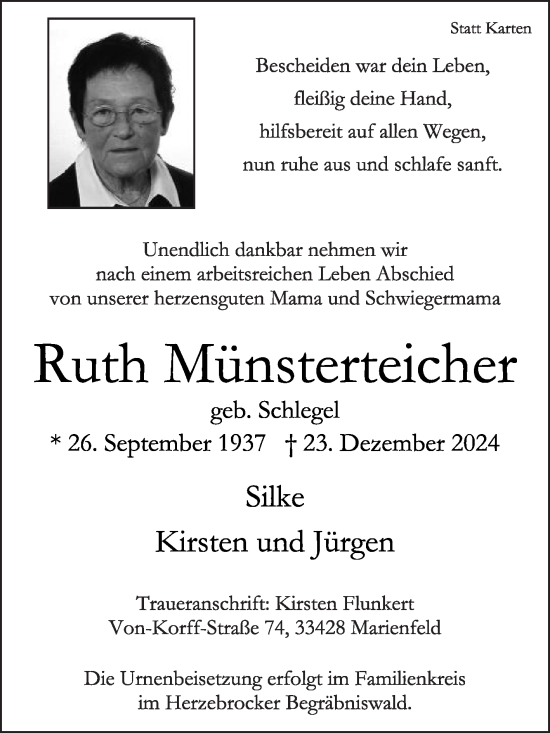 Traueranzeige von Ruth Münsterteicher von Die Glocke