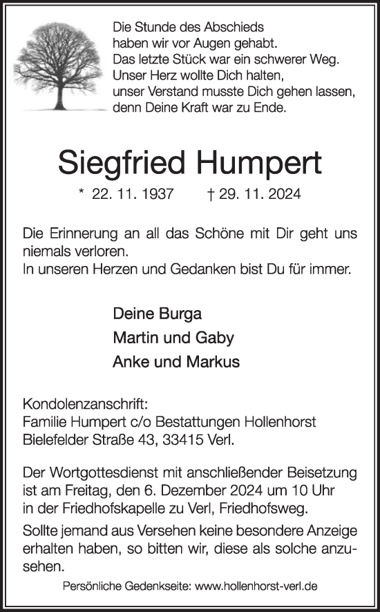 Traueranzeige von Siegfried Humpert von Die Glocke