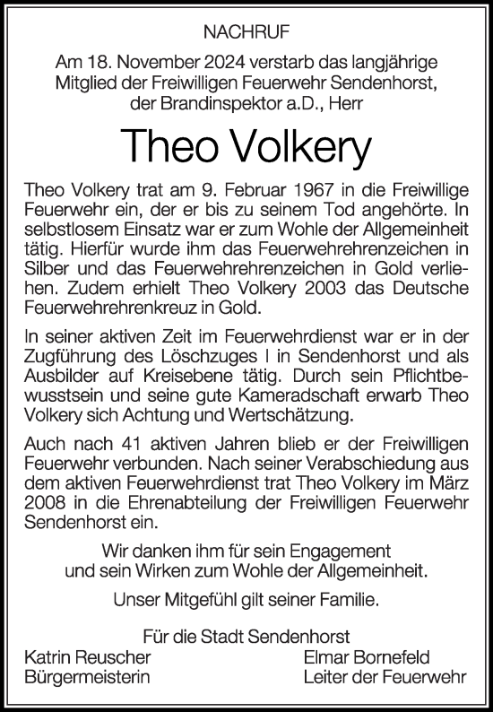 Traueranzeige von Theo Volkery von Die Glocke