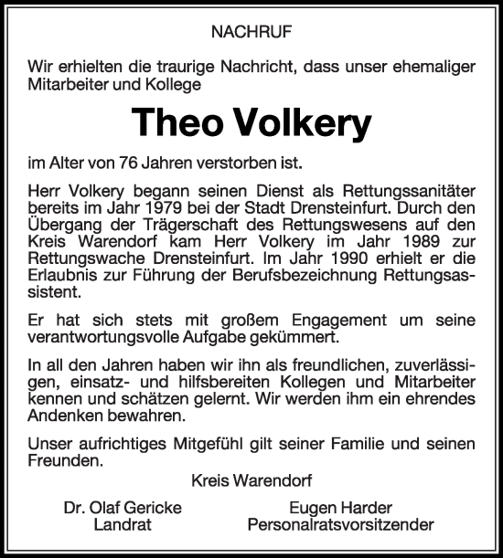 Traueranzeige von Theo Volkery von Die Glocke