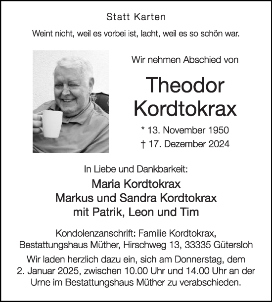 Traueranzeige von Theodor Kordtokrax von Die Glocke