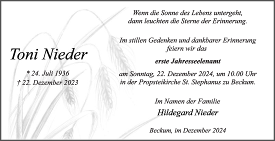 Traueranzeige von Toni Nieder von Die Glocke