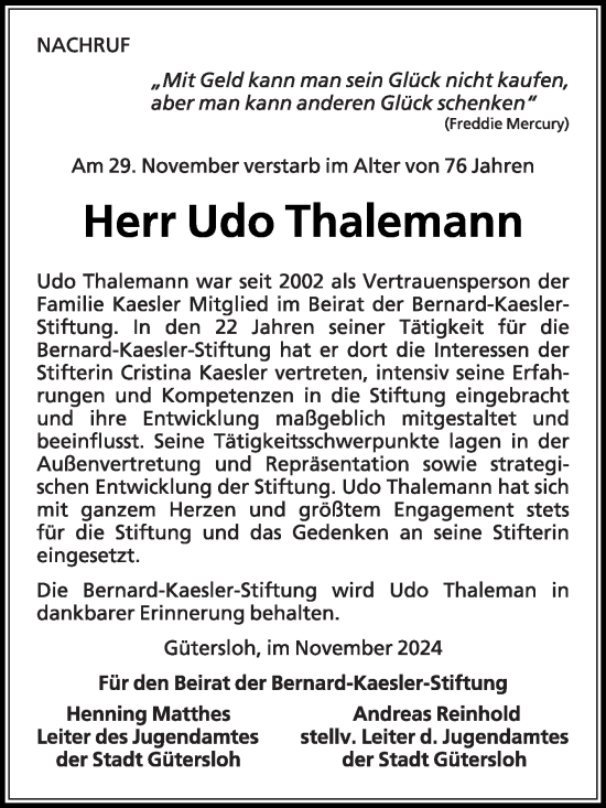 Traueranzeige von Udo Thalemann von Die Glocke