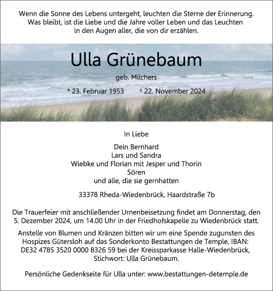 Traueranzeige von Ulla Grünebaum von Die Glocke