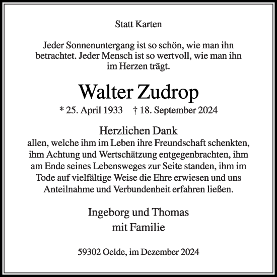 Traueranzeige von Walter Zudrop von Die Glocke