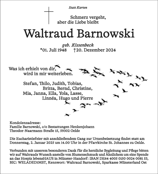 Traueranzeige von Waltraud Barnowski von Die Glocke