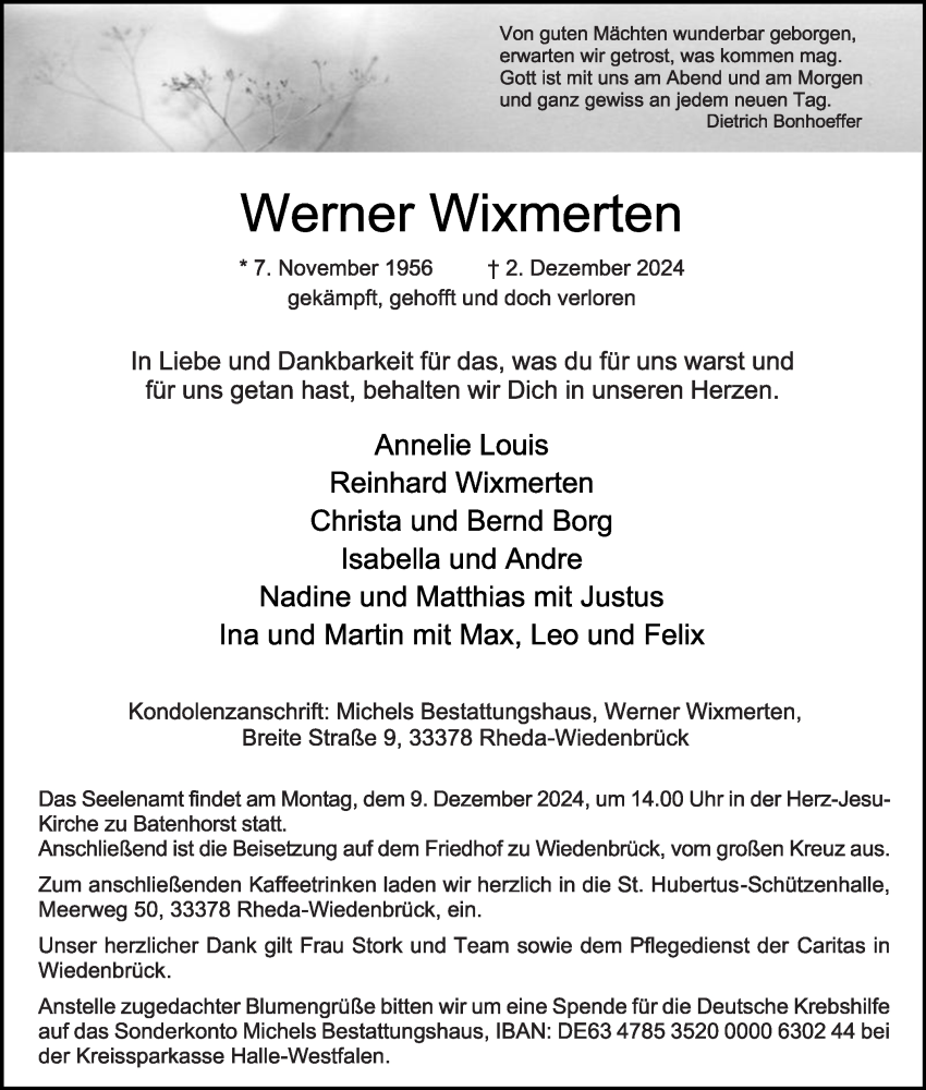  Traueranzeige für Werner Wixmerten vom 07.12.2024 aus Die Glocke