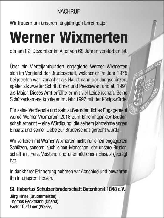 Traueranzeige von Werner Wixmerten von Die Glocke