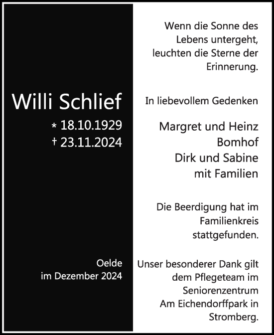 Traueranzeige von Willi Schlief von Die Glocke