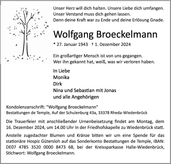 Traueranzeige von Wolfgang Broeckelmann von Die Glocke