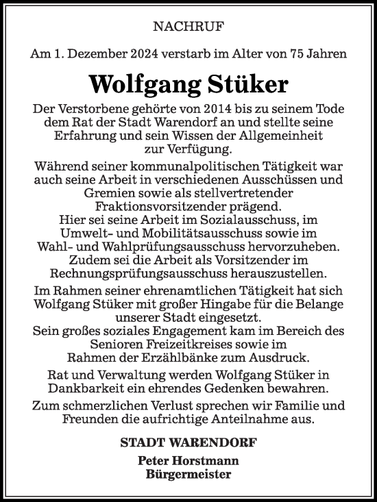 Traueranzeige von Wolfgang Stüker von Die Glocke