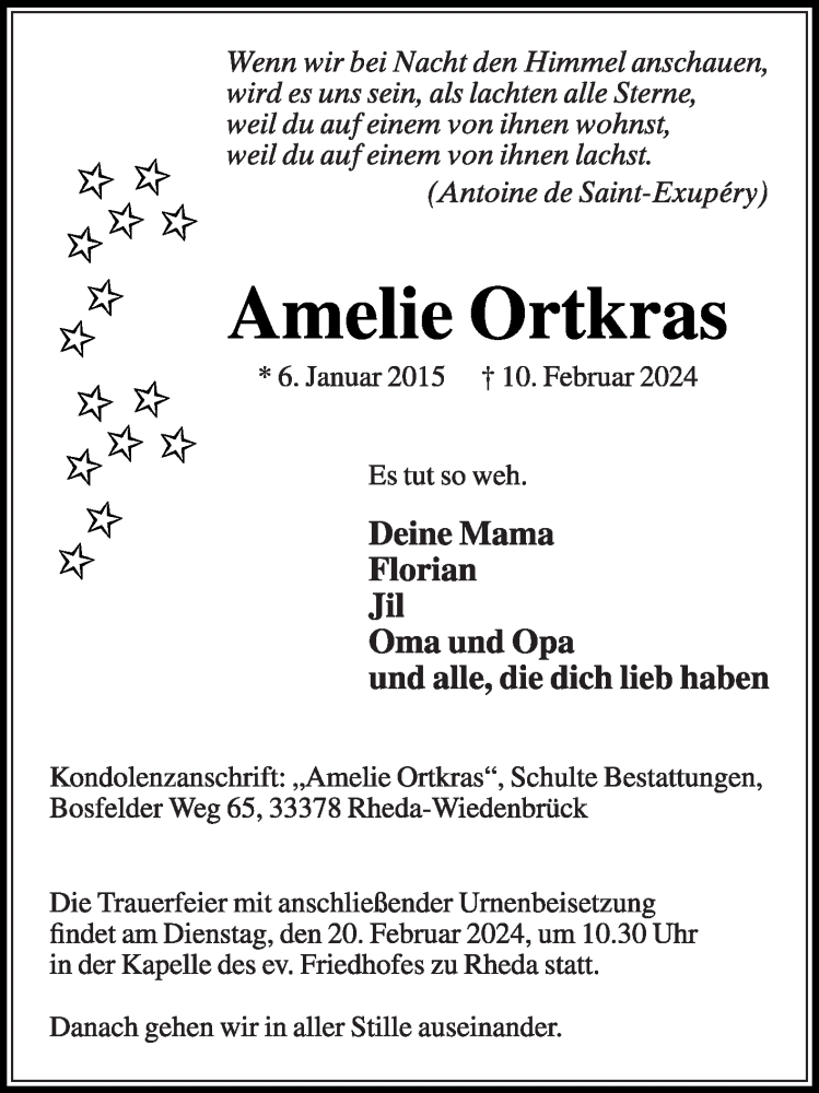  Traueranzeige für Amelie Ortkras vom 17.02.2024 aus Die Glocke