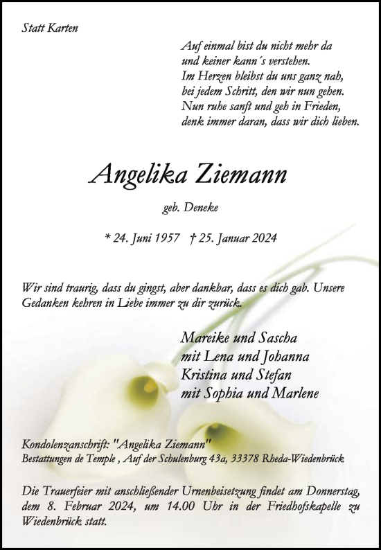 Traueranzeige von Angelika Ziemann von Die Glocke