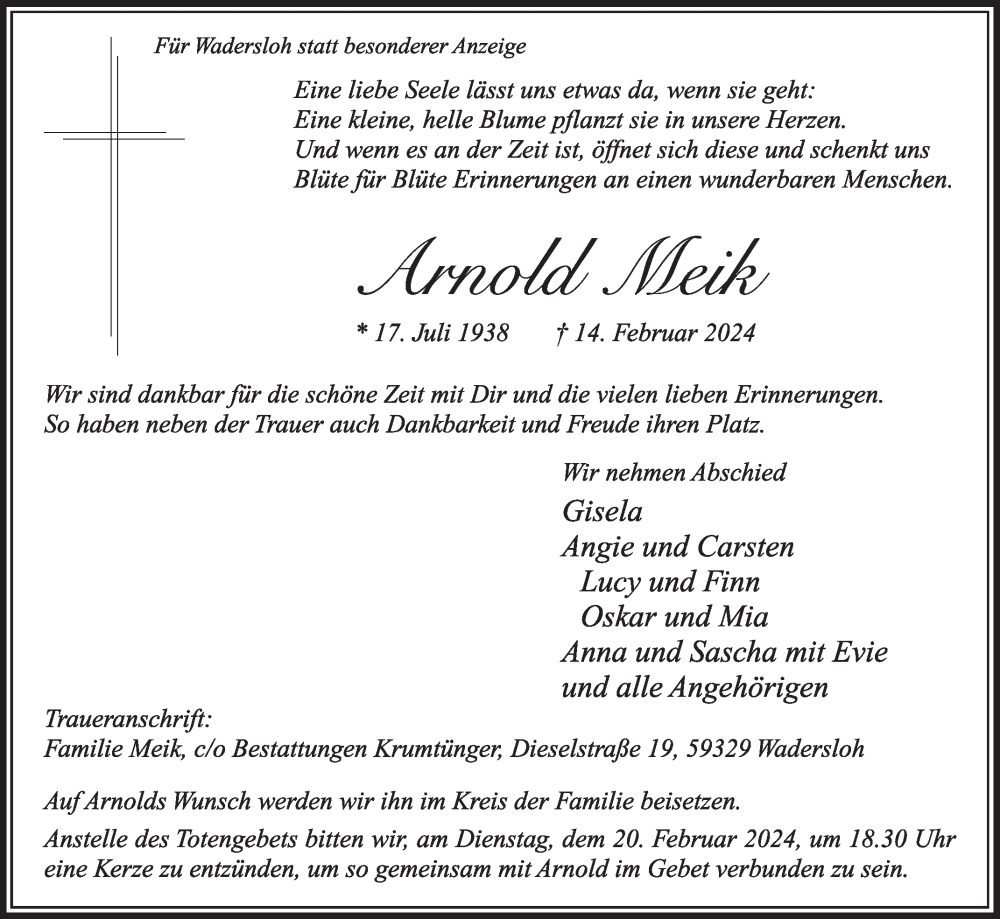  Traueranzeige für Arnold Meik vom 17.02.2024 aus Die Glocke