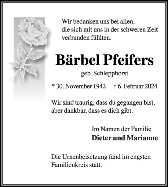 Traueranzeige von Bärbel Pfeifers von Die Glocke