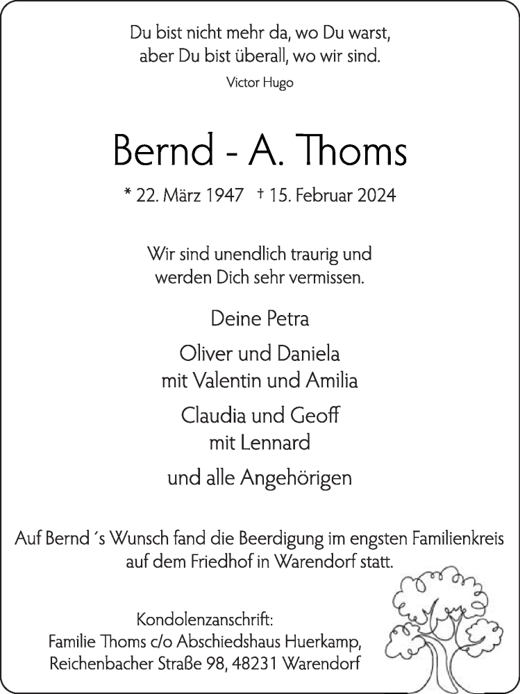  Traueranzeige für Bernd-A. Thoms vom 23.02.2024 aus Die Glocke