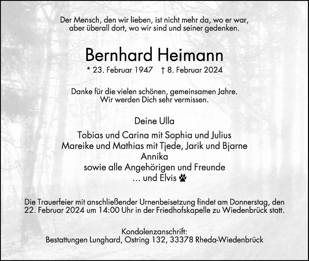  Traueranzeige für Bernhard Heimann vom 17.02.2024 aus Die Glocke