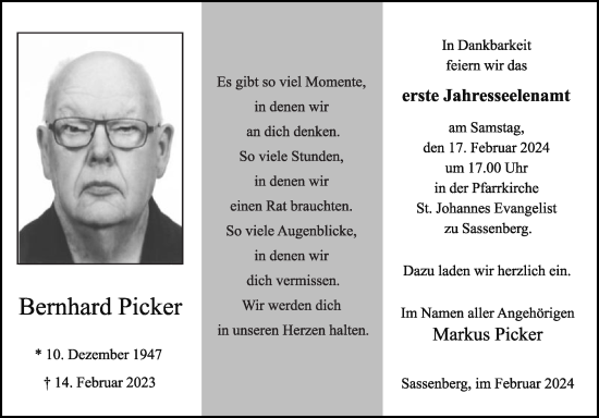 Traueranzeige von Bernhard Picker von Die Glocke