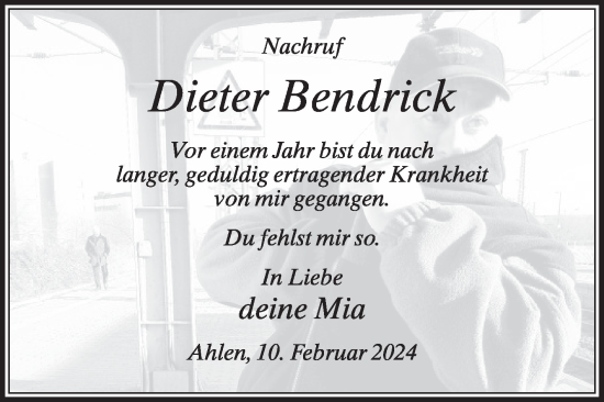 Traueranzeige von Dieter Bendrick von Die Glocke