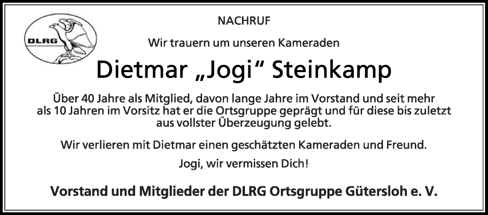  Traueranzeige für Dietmar Steinkamp vom 22.02.2024 aus Die Glocke