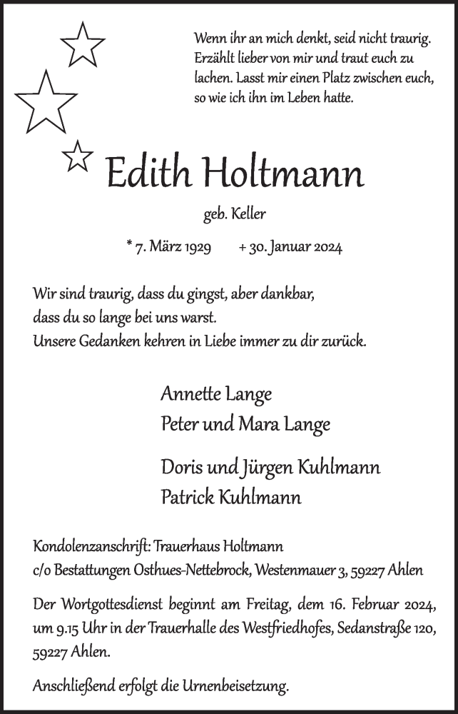  Traueranzeige für Edith Holtmann vom 07.02.2024 aus Die Glocke