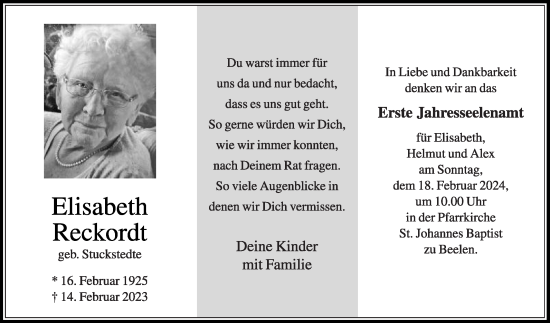 Traueranzeige von Elisabeth Reckordt von Die Glocke