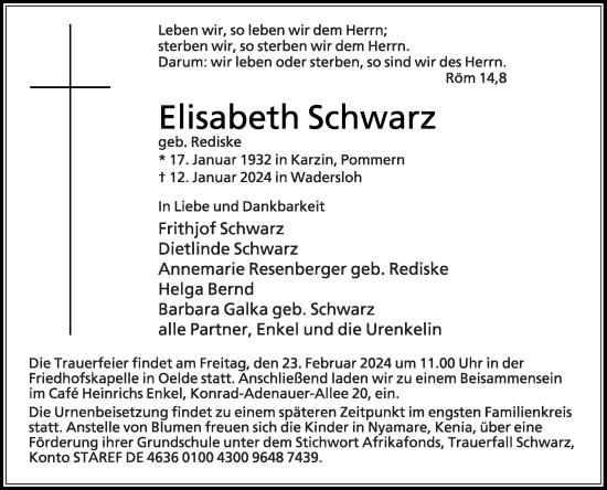 Traueranzeige von Elisabeth Schwarz von Die Glocke