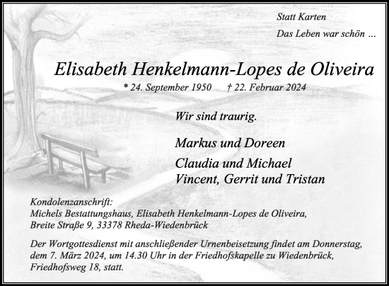 Traueranzeige von Elisabeth Henkelmann-Lopes de Oliveira von Die Glocke