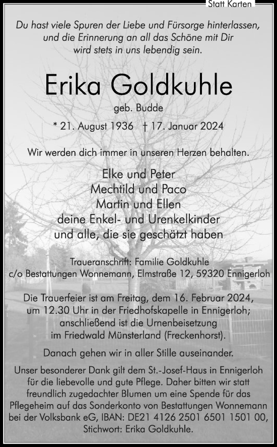 Traueranzeige von Erika Goldkuhle von Die Glocke