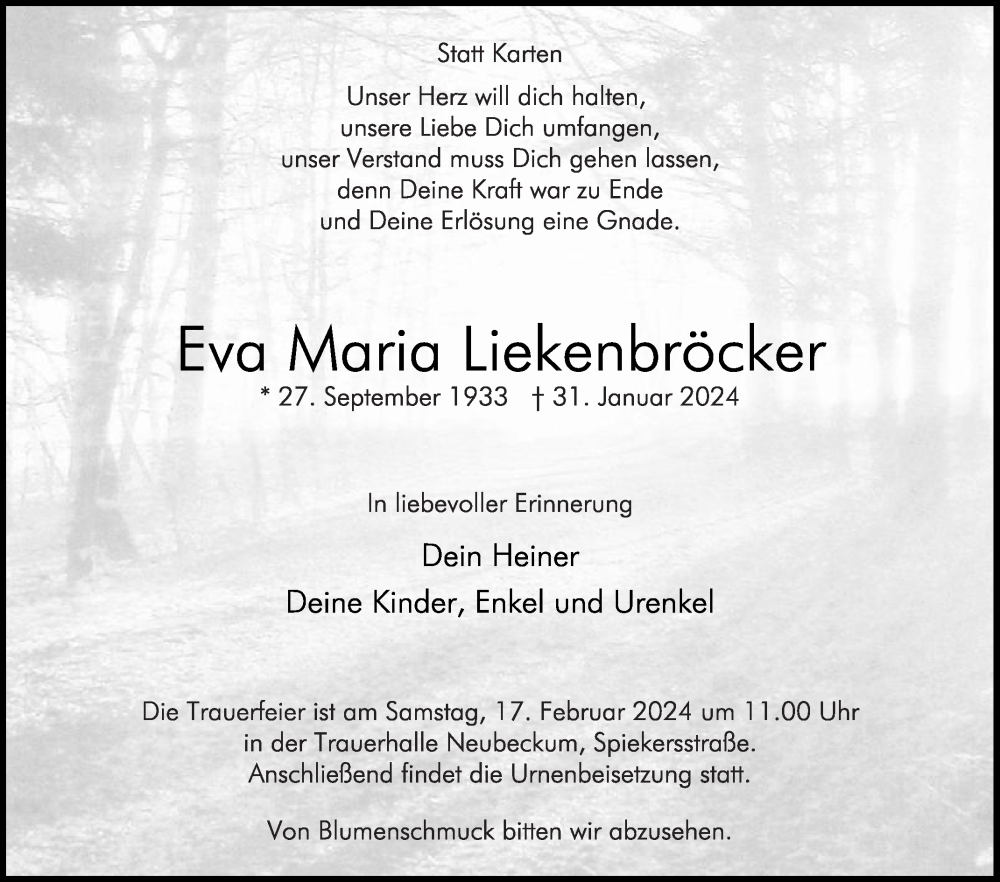 Traueranzeige für Eva Maria Liekenbröcker vom 10.02.2024 aus Die Glocke
